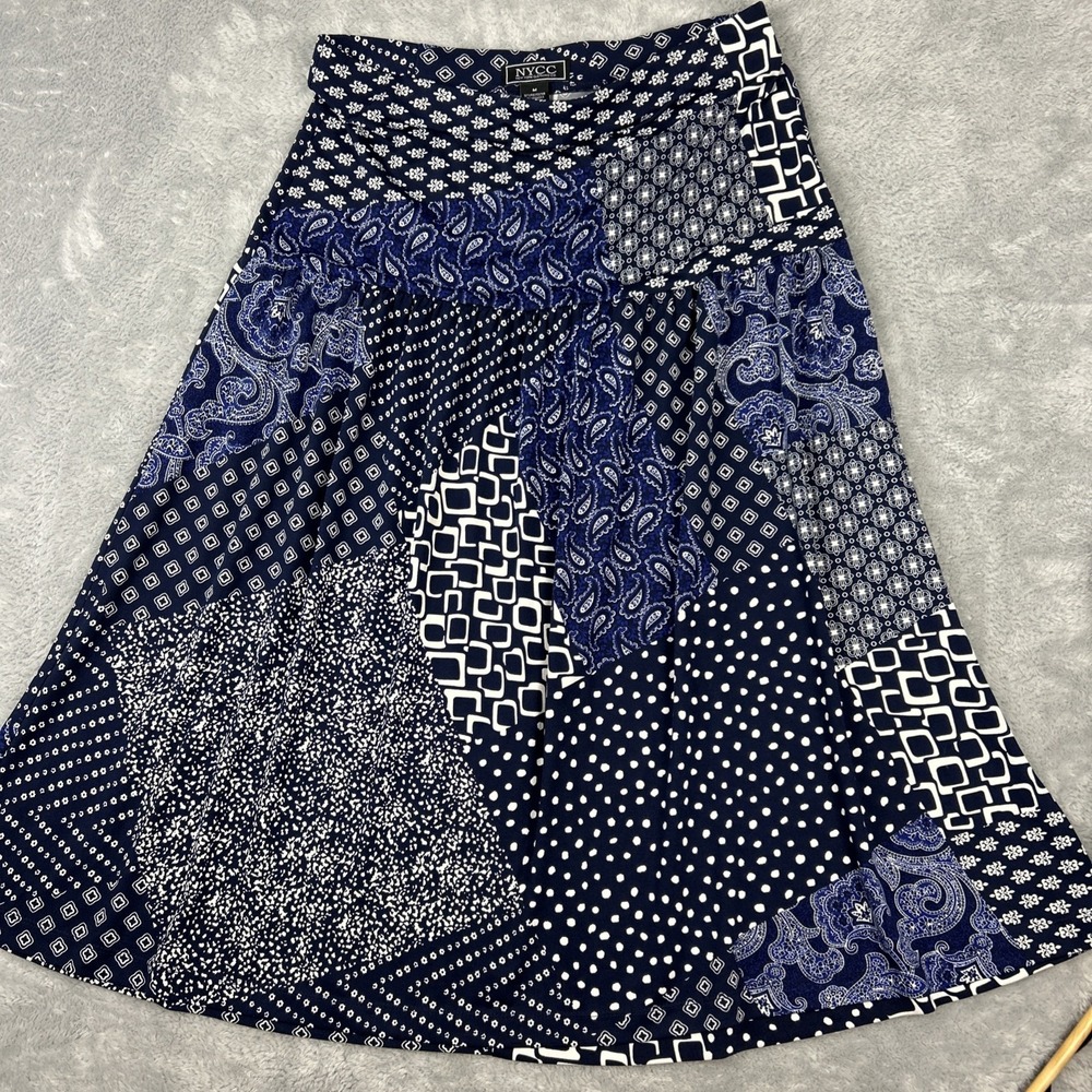 NYCC Womens Medium Midi Skirt Patchwork Elastic Waist Flare Blue Bandana Print